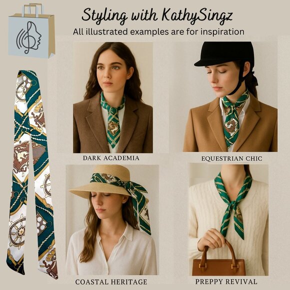 Silk Slim Scarf Green Brown Gold Nautical Crest Print 35In Long Equestrian No19 - Picture 2 of 10